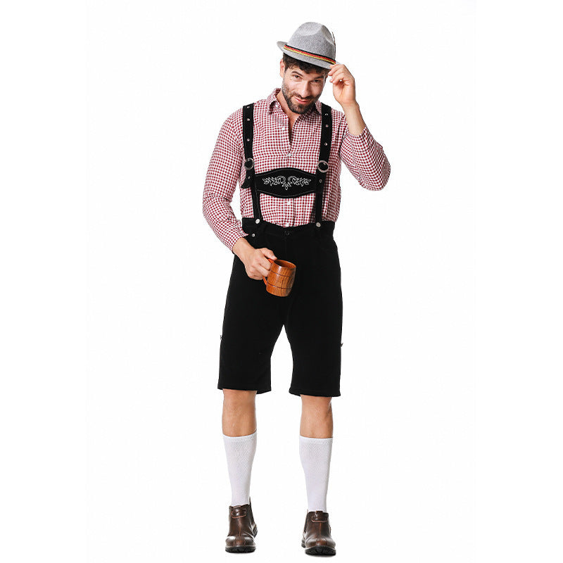 Herren nan kurze Trachtenlederhose in Veloursleder-Optik mit besticktem Brustlatz und verstellbaren Trägern Echo Archiv