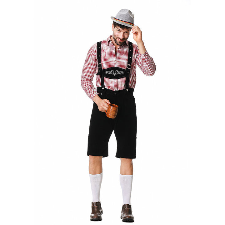 Herren nan kurze Trachtenlederhose in Veloursleder-Optik mit besticktem Brustlatz und verstellbaren Trägern Echo Archiv