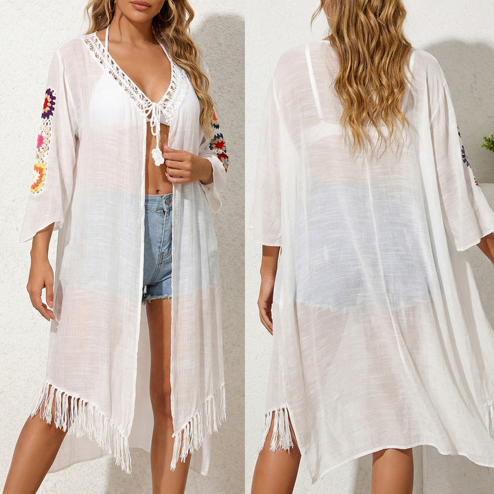Damen luftiger und eleganter Strandkimono mit floralen Häkelakzenten Echo Archiv