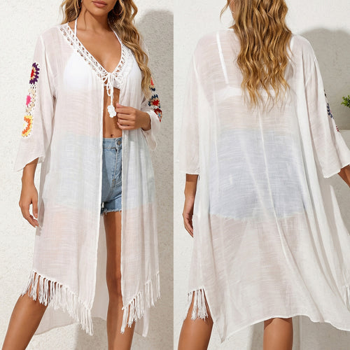 Damen luftiger und eleganter Strandkimono mit floralen Häkelakzenten Echo Archiv