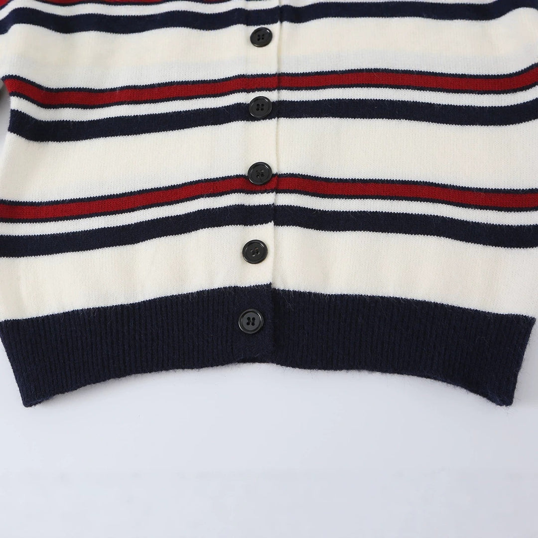 Damen Gestreifte Strickjacke mit Knopfleiste und geripptem Saum Echo Archiv