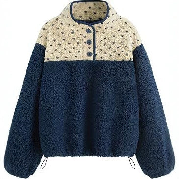 Damen Teddy-Fleece-Pullover mit Stehkragen, Druckknopfverschluss und Kordelzug – Mavelle