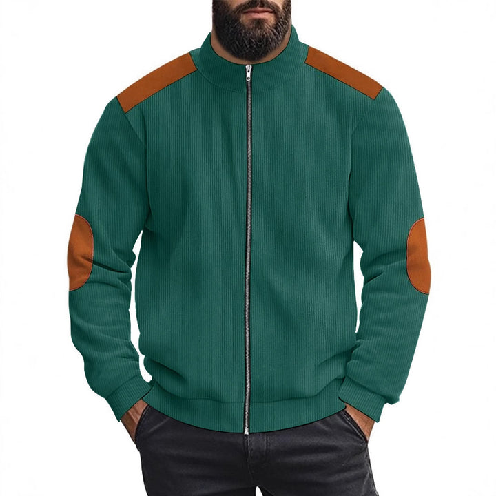 Herren Strickjacke mit modernen Lederakzenten und hoch geschlossenem Kragen Echoarchiv