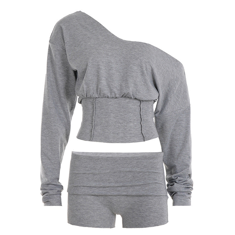 Damen nan asymmetrisches einschulteriges Lounge-Set mit tailliertem gerafftem Crop-Top und hochgeschnittenen Umschlag-Shorts Echo Archiv