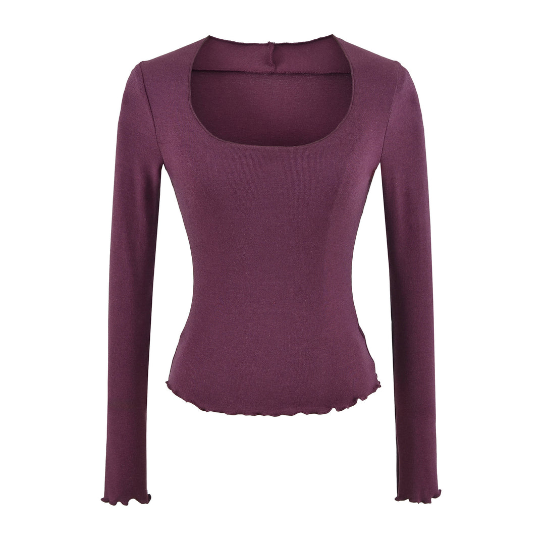 Damen Figurbetontes Langarm-Feinstrickshirt mit quadratischem Ausschnitt und Wellensaum Echoarchiv
