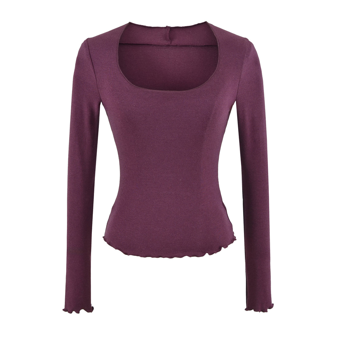 Damen Figurbetontes Langarm-Feinstrickshirt mit quadratischem Ausschnitt und Wellensaum Echoarchiv