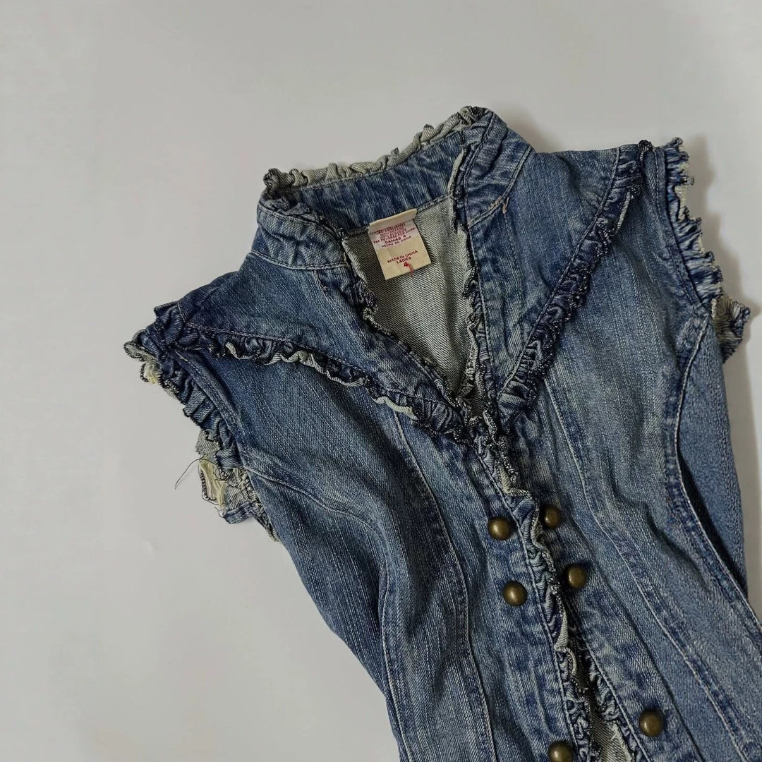 Damen Denim-Weste mit verspieltem Rüschendesign Echo Archiv