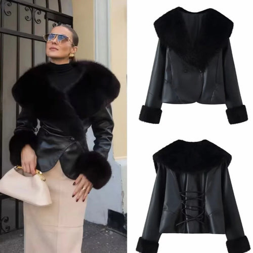 Damen 20+ kurze Kunstlederjacke mit großem Kunstfellkragen und Fellmanschetten Echo Archiv