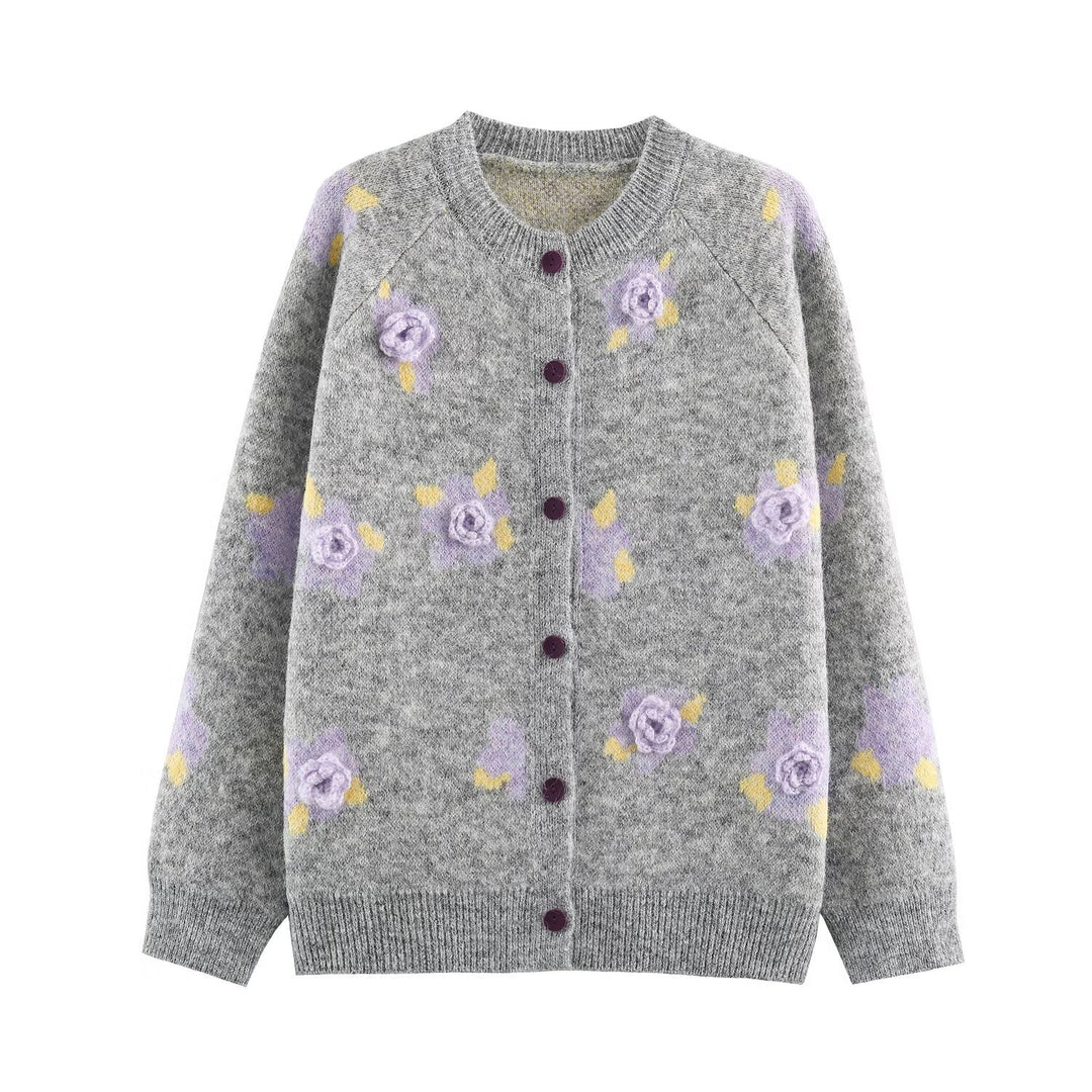 Damen Feinstrick-Zweiteiler Cardigan mit Blumen-Jacquard und tailliertem A-Linien Strickrock Echoarchiv