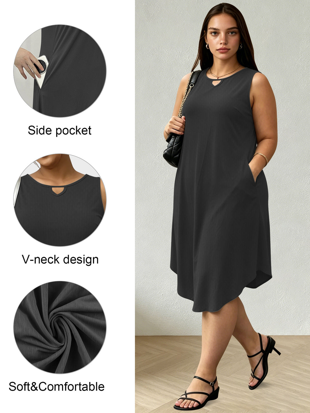 Damen Ärmelloses A-Linien-Midikleid mit seitlichen Eingrifftaschen und V-Ausschnitt echoarchiv-