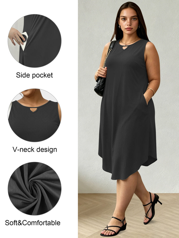 Damen Ärmelloses A-Linien-Midikleid mit seitlichen Eingrifftaschen und V-Ausschnitt echoarchiv-