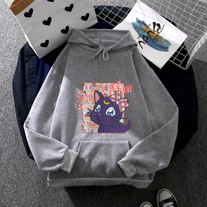 Damen Oversize-Kapuzenpullover mit glitzerndem Anime-Katzen-Motiv, Kängurutasche und weichem Fleece-Innenfutter – Auréline