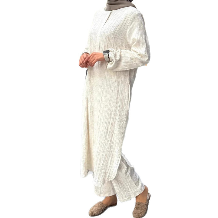 Damen Langes Crinkle-Kaftankleid mit Ballonärmeln und Stehkragenoptik Echoarchiv