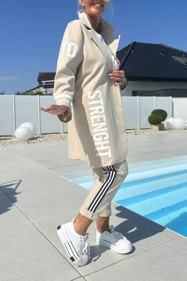 Length Letter Printed Trenchcoat und Hose Zweiteiler Satz – Avérine