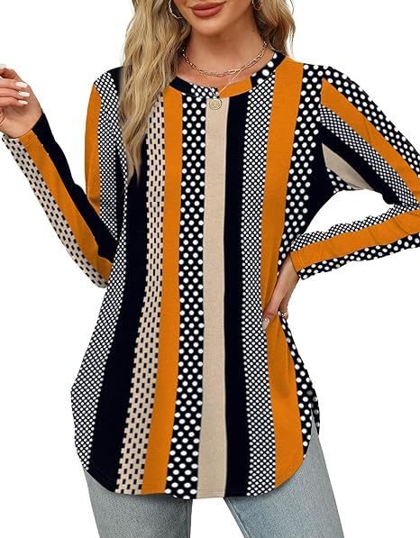 Damen Lässiges Longsleeve-Tunikaoberteil mit Rundhalsausschnitt, Seitenschlitzen und Aquarell-Blattprint Echo Archiv
