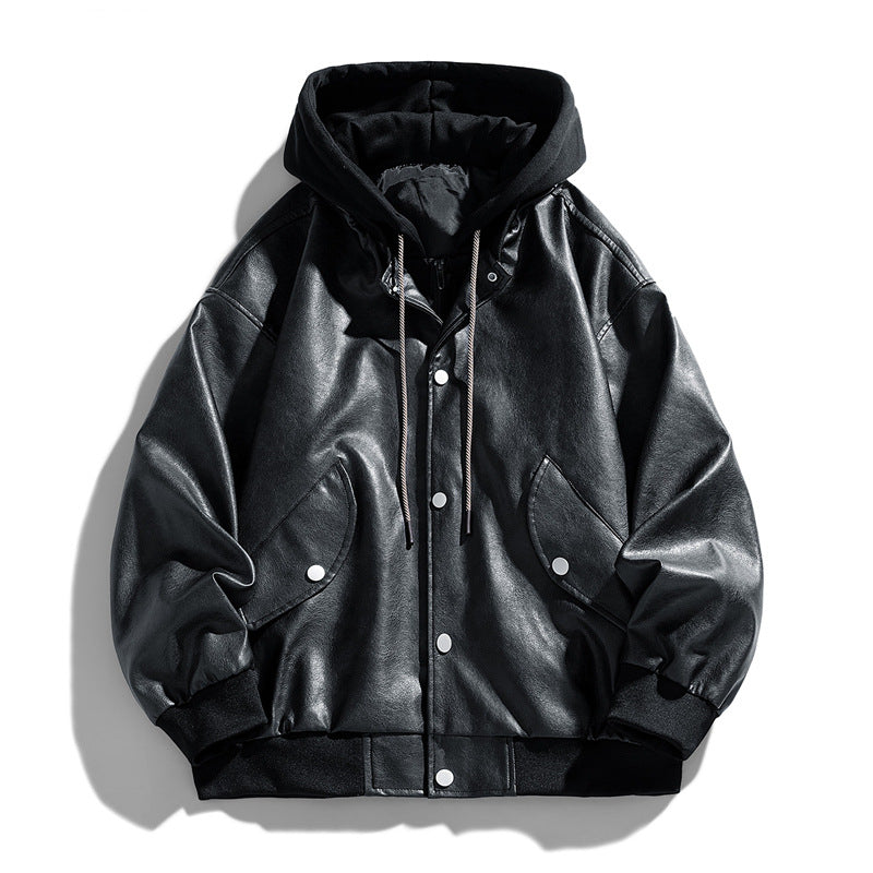 Herren Lässige Kunstleder‑Fliegerjacke im Oversize‑Cut mit kontrastkapuze & Druckknopfblende Echoarchiv