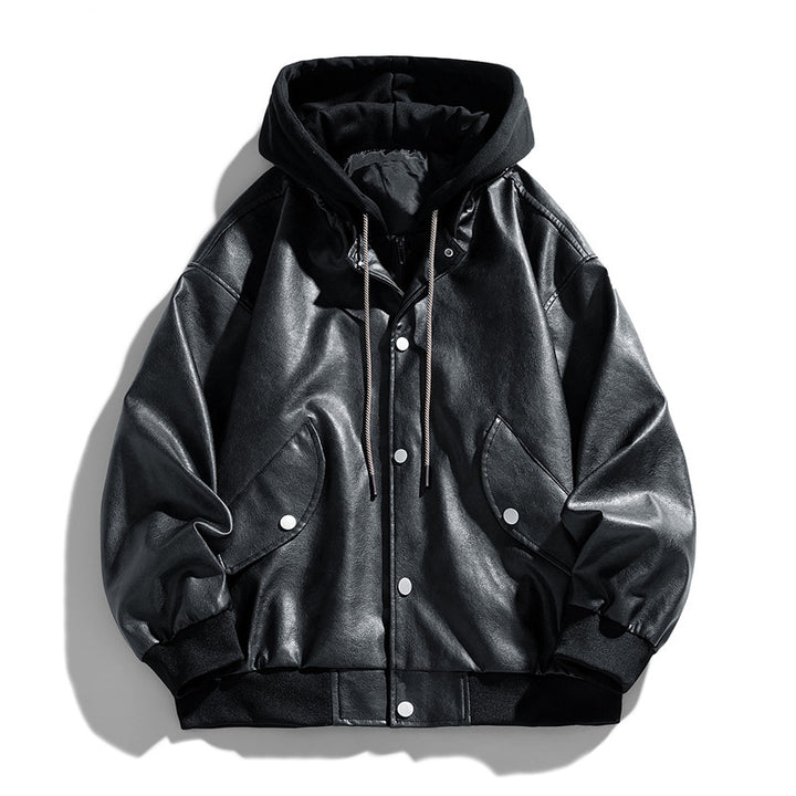 Herren Lässige Kunstleder‑Fliegerjacke im Oversize‑Cut mit kontrastkapuze & Druckknopfblende Echoarchiv
