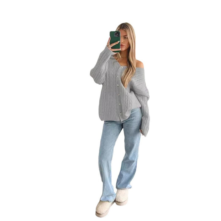 Damen nan Zopfmuster-Cardigan mit V-Ausschnitt, überschnittener Schulter und durchgehender Knopfleiste Echo Archiv