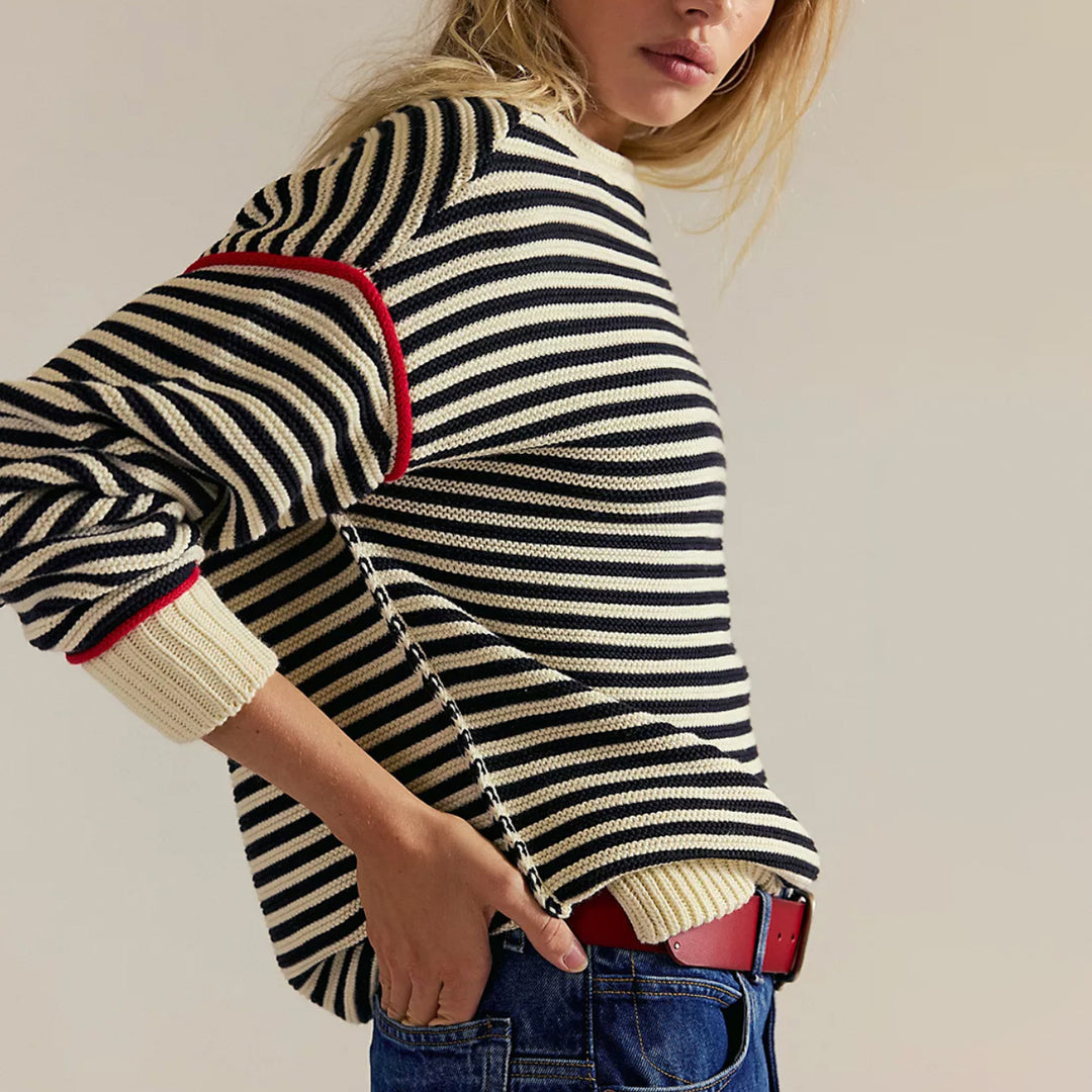 Damen Oversize Ringelstrickpullover mit weitem Schnitt, Bündchen & kontrastierenden Paspeln Echoarchiv