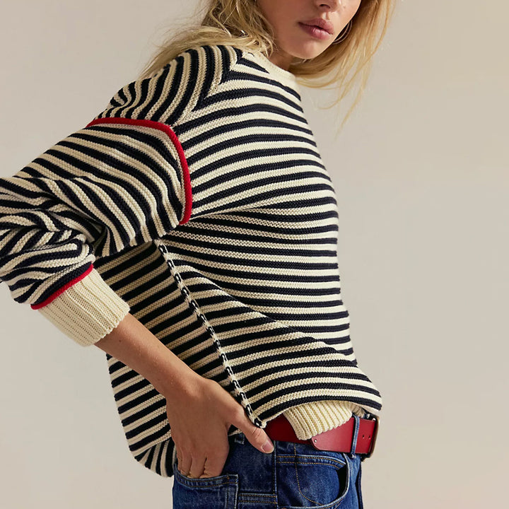 Damen Oversize Ringelstrickpullover mit weitem Schnitt, Bündchen & kontrastierenden Paspeln Echoarchiv