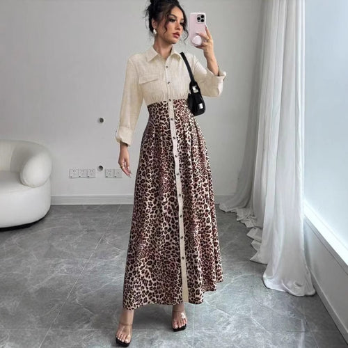 Damen Hemdblusenkleid mit Jeansoberteil und Leoparden-Maxirock – Élovi