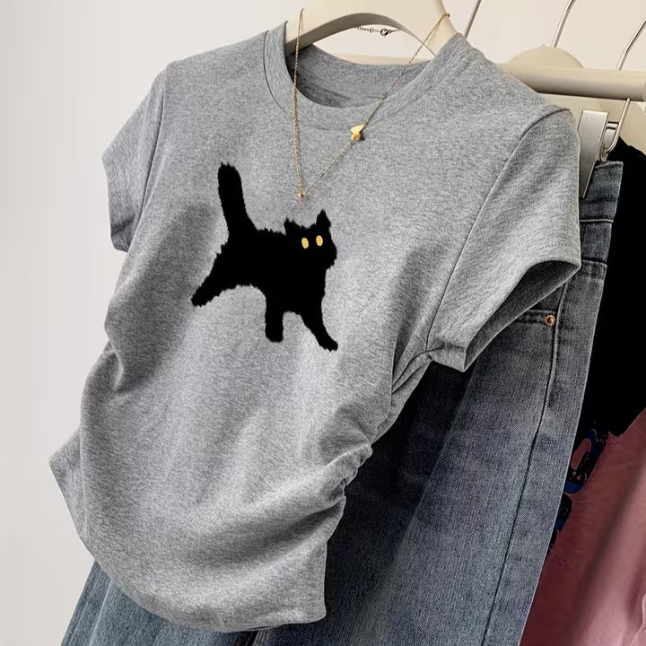 Damen T-Shirt mit kreativem Katzenmotiv und lässigem Schnitt Echo Archiv