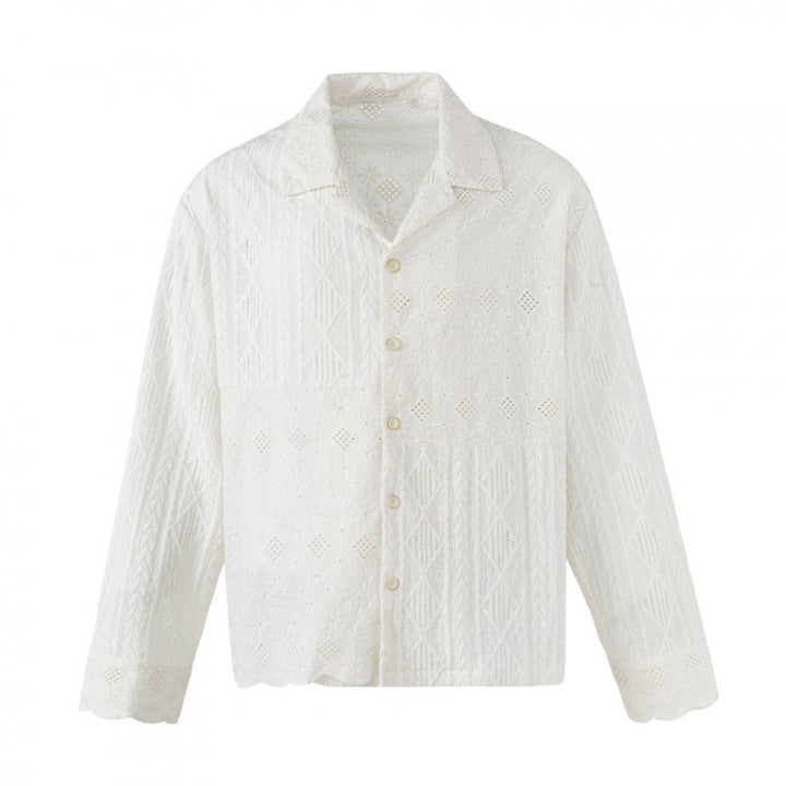 Damen Broderie-Anglaise-Hemdjacke im Boxy-Schnitt mit Hemdkragen und Knopfleiste Echo Archiv