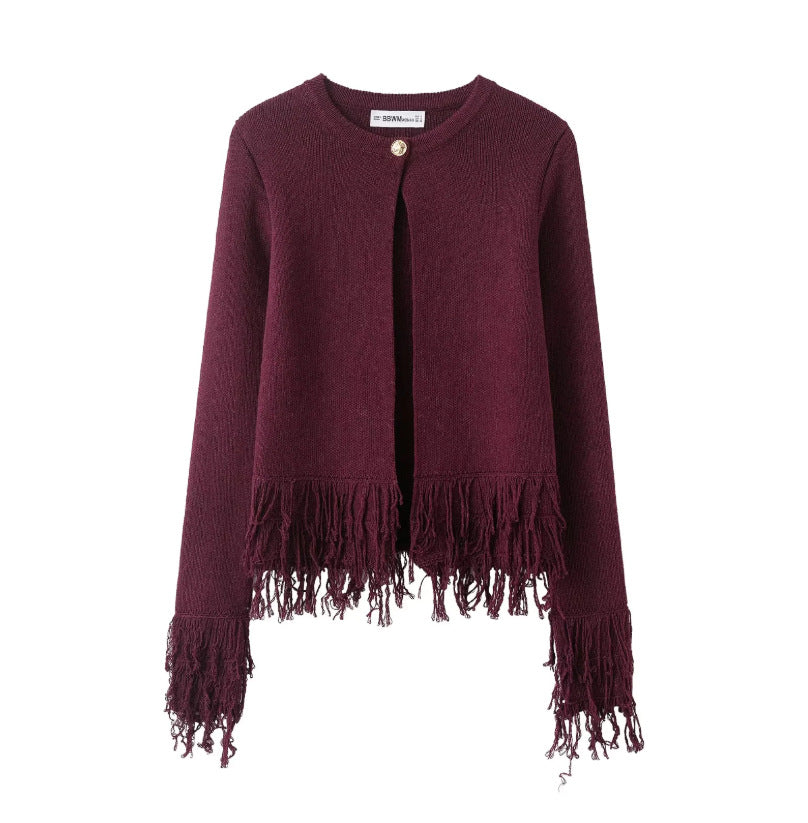 Damen Kurzer Strickcardigan mit Fransenbesatz, Rundhalsausschnitt und Ein-Knopf-Verschluss Echoarchiv
