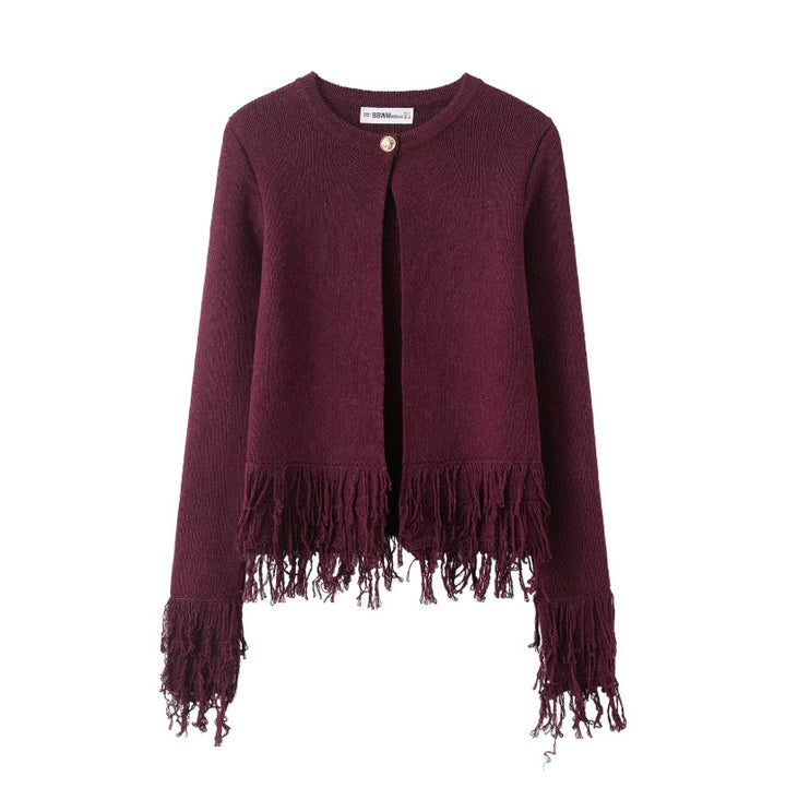 Damen Kurzer Strickcardigan mit Fransenbesatz, Rundhalsausschnitt und Ein-Knopf-Verschluss Echoarchiv