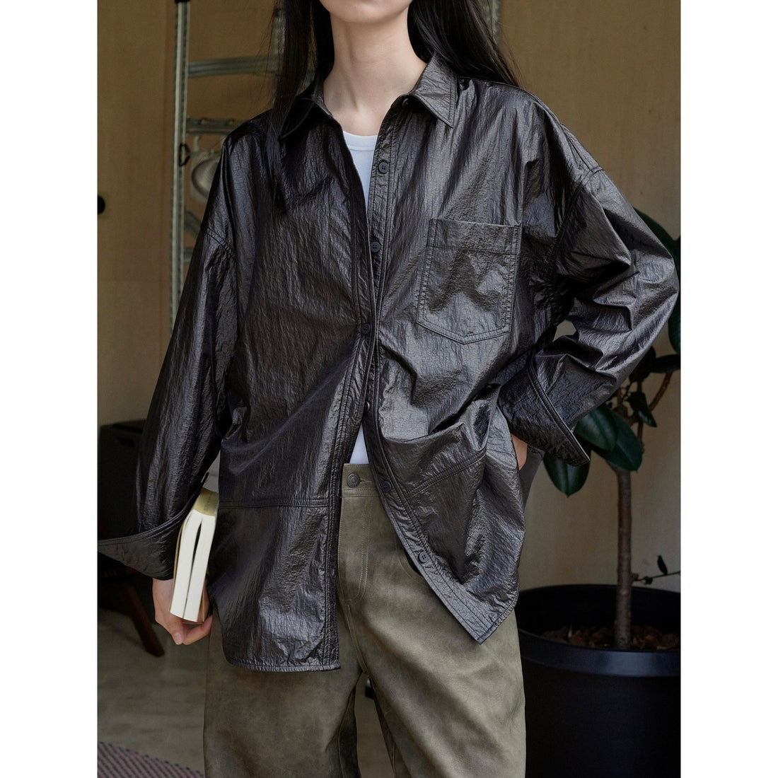 Damen Oversized Baumwoll‑Hemd mit Brusttasche und gerundetem Saum Echoarchiv