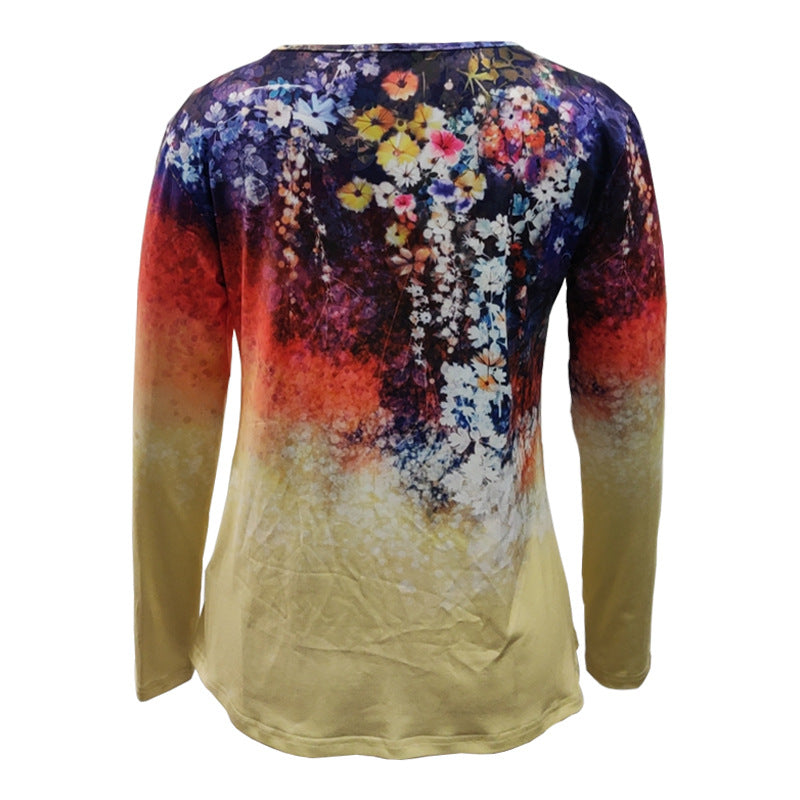 Damen Langärmeliges A-Linien-Shirt mit floralem Aquarellprint und Rundhals – Avérine