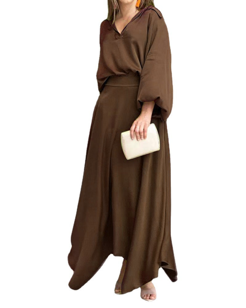 Damen Elegantes Maxikleid mit Kapuzen‑V‑Ausschnitt, Ballonärmeln und fließendem Saum Echoarchiv