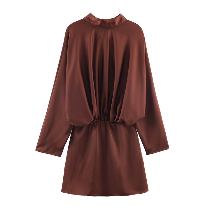 Damen elegantes Satin-Minikleid mit Schleifenkragen, Ballonärmeln und elastischer Taille – Élara