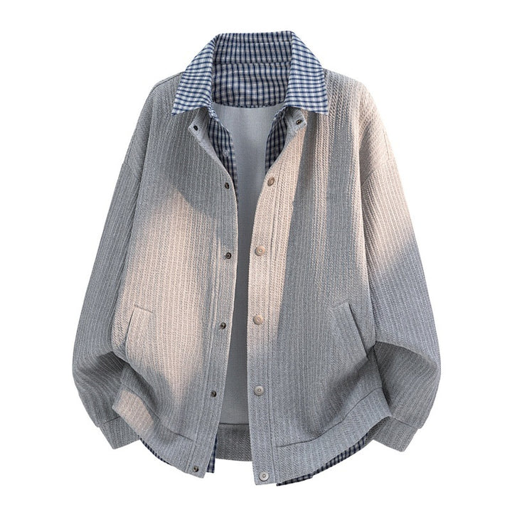 Männer Freizeit gestrickte Overshirt Jacke mit kariertem Hemdkragen und Druckknopfblende – Taviero