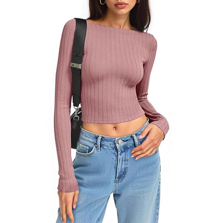 Damen Tailliertes Ripp-Cropped-Longsleeve mit U-Boot-Ausschnitt und Stretch-Baumwollmix Echo Archiv