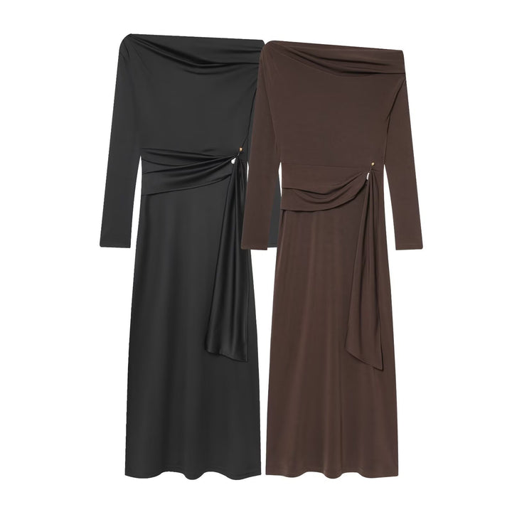 Damen elegantes Maxikleid mit asymmetrischem Ausschnitt und dekorativer Drapierung Echo Archiv