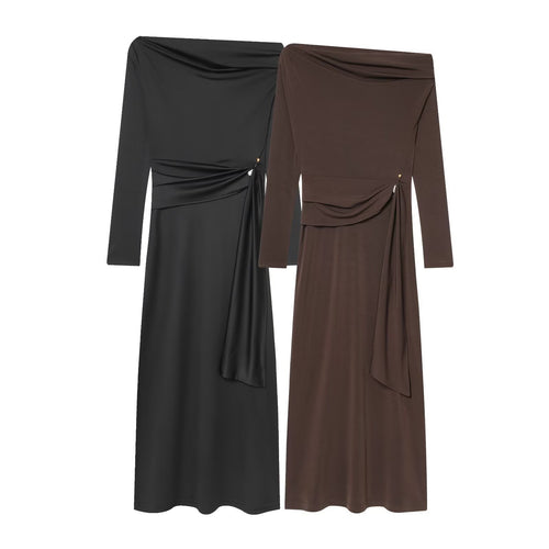 Damen elegantes Maxikleid mit asymmetrischem Ausschnitt und dekorativer Drapierung Echo Archiv