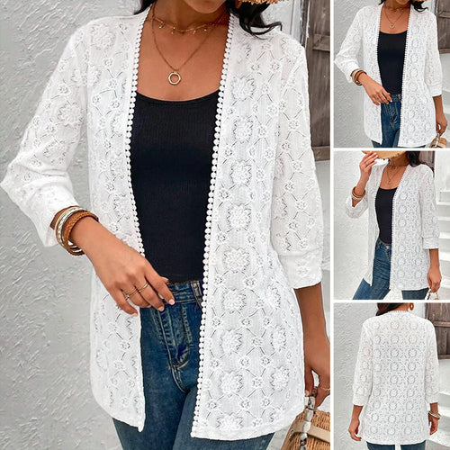 Damen nan leichte Spitzenjacke mit offenem Schnitt, dreiviertelärmeln und gehäkelter Borte Echo Archiv