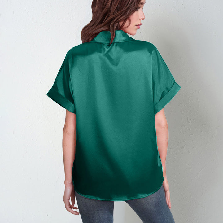 Damen Stilvolle Satinbluse mit kurzen Ärmeln und kravattenähnlichem Kragen Echo Archiv