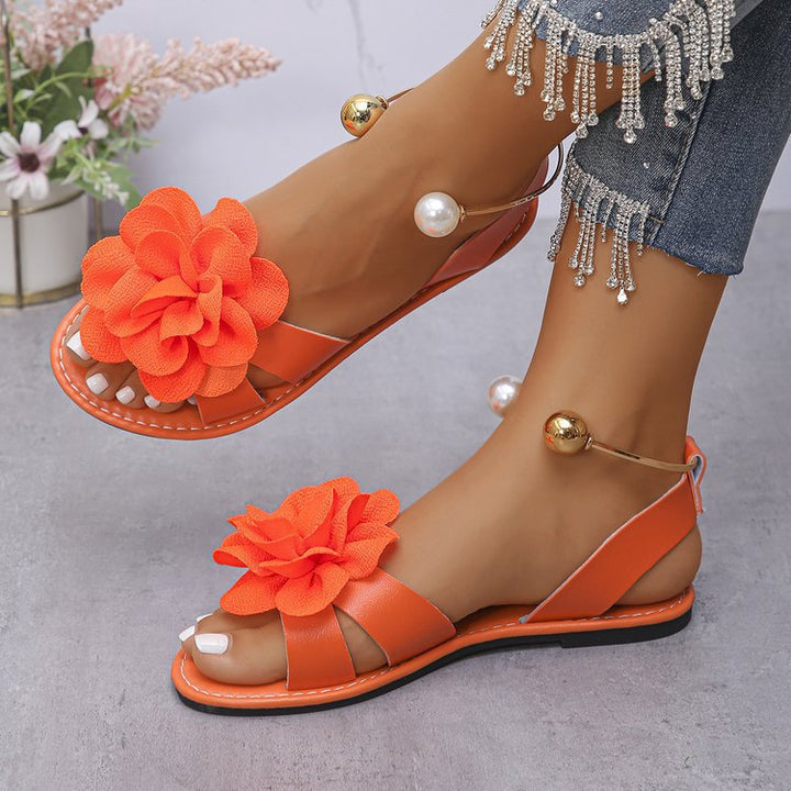 Damen Blumensandalen mit großer 3D-Blütenapplikation und Slingback – Sorelia