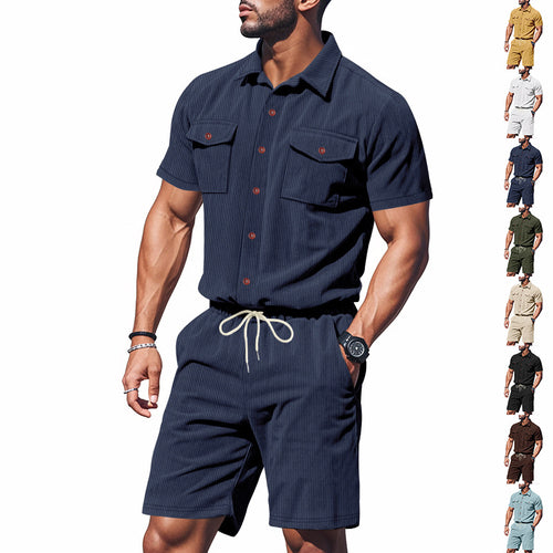 Herren lässiges Kurzarm-Shorts-Set mit strukturiertem Design und praktischen Taschen Echoarchiv