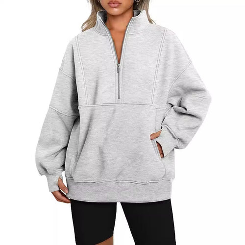 Damen Oversized Sweatshirt mit halbem Reißverschluss, Kängurutasche und Stehkragen Echoarchiv