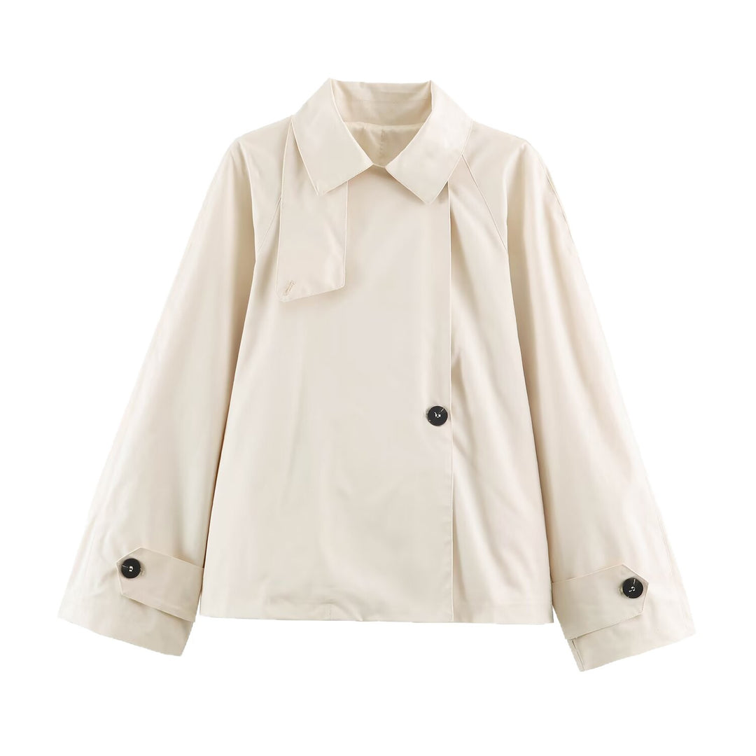 Damen Kurzer Boxy‑Trenchcoat mit asymmetrischer Knopfleiste und Armriegel Echoarchiv