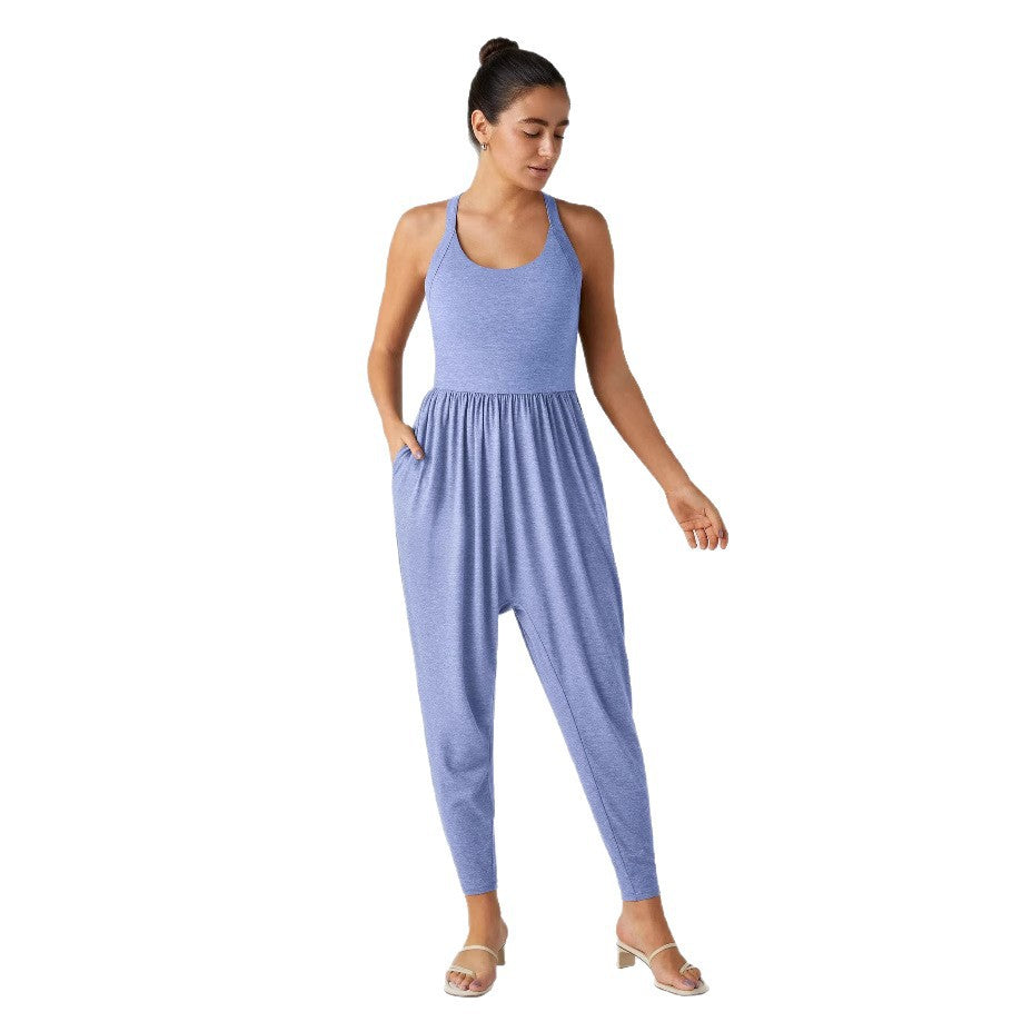 Damen nan lässiger Jersey-Overall mit Racerback, smockierter Taille und seitlichen Eingrifftaschen Echo Archiv