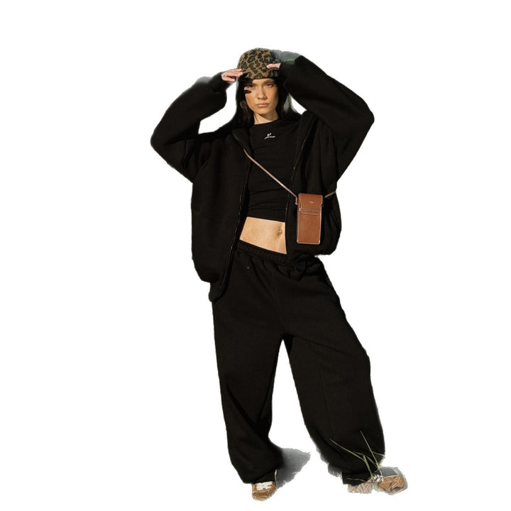 Damen Komfort-Kapuzen-Zipjacke mit verdecktem Reißverschluss, Kängurutasche und gerader Sweat-Hose – Auréline
