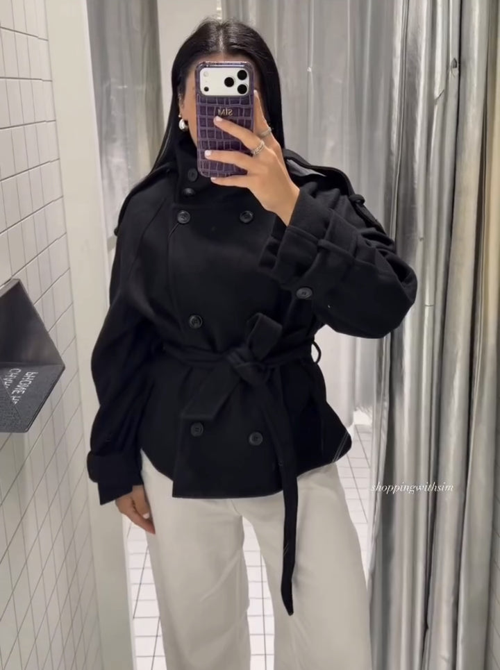 Damen Kurzblouson‑Trenchcoat aus Wollmix mit hohem Stehkragen und Bindegürtel Echo Archiv