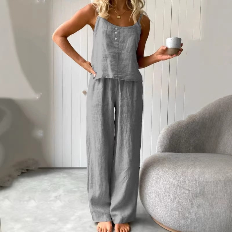 Damen lässiges Leinen-Set mit Trägershirt und weiten Hosen Echo Archiv