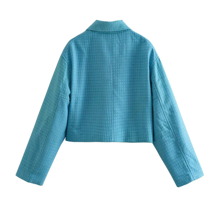 Damen Cropped Tweedjacke mit Hemdkragen, verdecktem Reißverschluss und Leistentaschen – Célinea