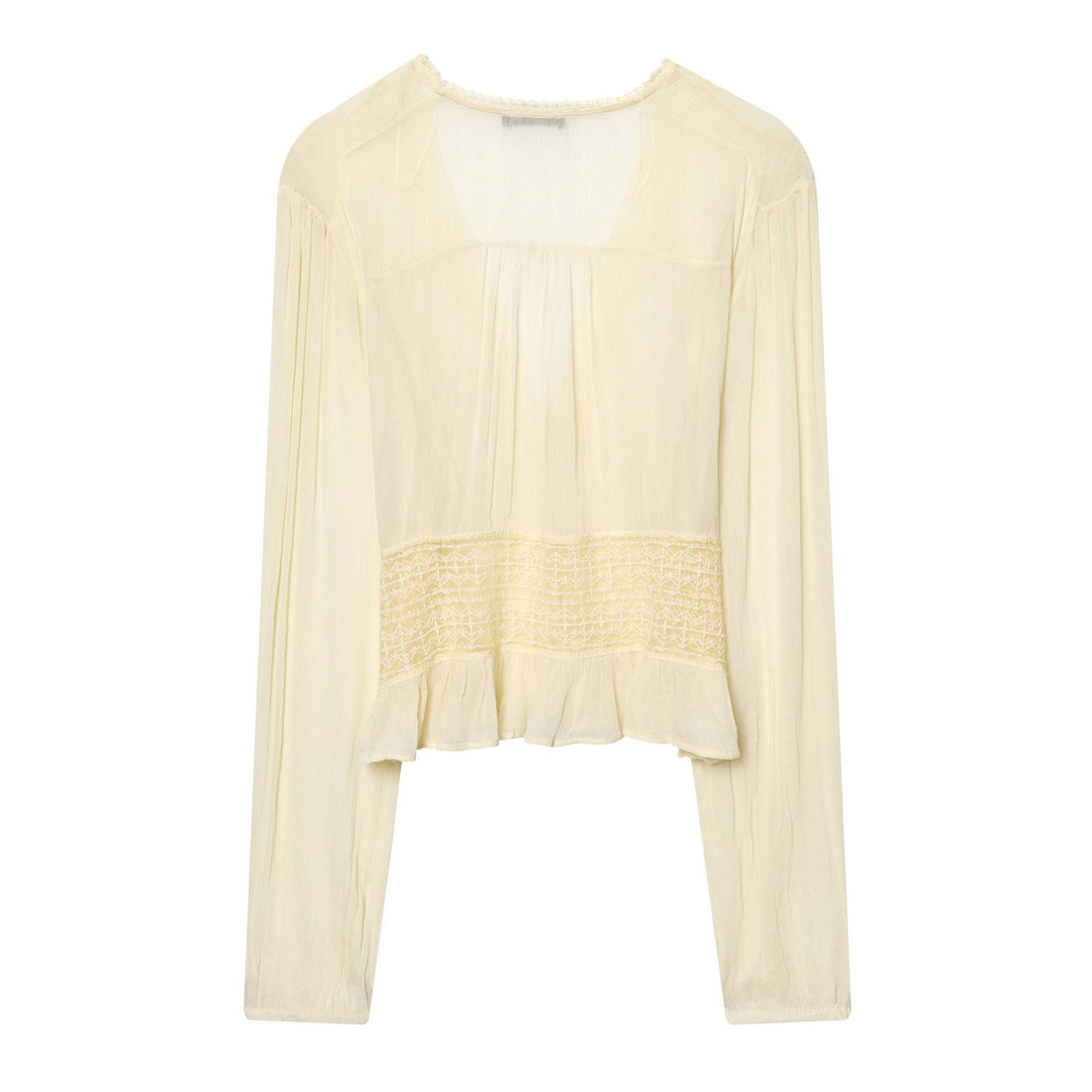 Damen leichte V-Neck Bluse mit Smok-Taillenband, Perlmuttknopfleiste und Volant-Saum – Élovi