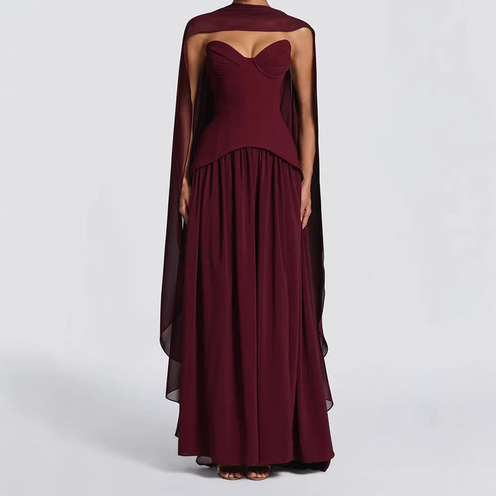 Damen Elegantes Maxikleid mit Abnehmbarem Cape Echo Archiv